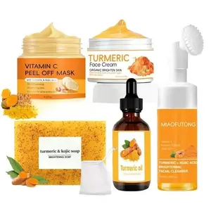 Turmeric Skin Care Kit, Including Soap & Cleansing Pad & Mousse Cleanser & Oil & Vitamin C Peel Off Mask & Soap Bag, Skin Care Kit for Women & Men